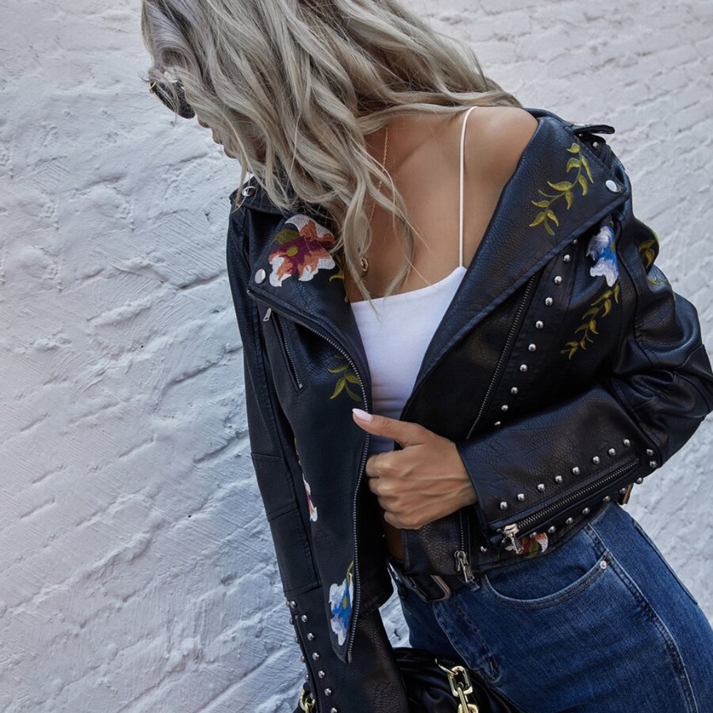 black embroidered floral leather biker moto jacket - Picture 3 of 7